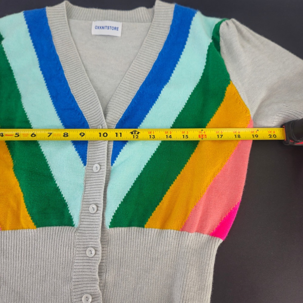 OXKNITSTORE Retro Rainbow Stripe Short Sleeve Soft Cardigan Grey V-Neck Button - Picture 5 of 8